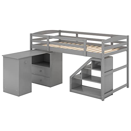 Woanke Twin Size Low Loft Bed with Multifunctional Movable Built-in Desk and Storage Drawers, Solid Wood Loft Bedframe for Kids Teens Boys Girls, 77.4''L*82''W*44.7''H, Grey