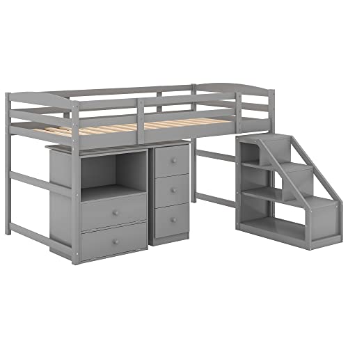 Woanke Twin Size Low Loft Bed with Multifunctional Movable Built-in Desk and Storage Drawers, Solid Wood Loft Bedframe for Kids Teens Boys Girls, 77.4''L*82''W*44.7''H, Grey