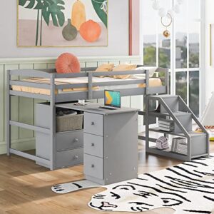 Woanke Twin Size Low Loft Bed with Multifunctional Movable Built-in Desk and Storage Drawers, Solid Wood Loft Bedframe for Kids Teens Boys Girls, 77.4''L*82''W*44.7''H, Grey