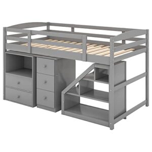 Woanke Twin Size Low Loft Bed with Multifunctional Movable Built-in Desk and Storage Drawers, Solid Wood Loft Bedframe for Kids Teens Boys Girls, 77.4''L*82''W*44.7''H, Grey