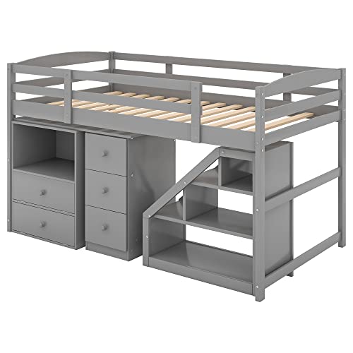 Woanke Twin Size Low Loft Bed with Multifunctional Movable Built-in Desk and Storage Drawers, Solid Wood Loft Bedframe for Kids Teens Boys Girls, 77.4''L*82''W*44.7''H, Grey