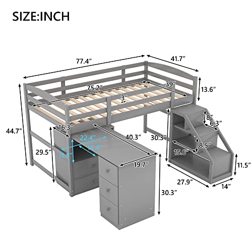 Woanke Twin Size Low Loft Bed with Multifunctional Movable Built-in Desk and Storage Drawers, Solid Wood Loft Bedframe for Kids Teens Boys Girls, 77.4''L*82''W*44.7''H, Grey