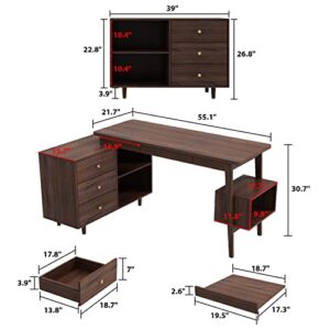 Homsee Home Office Executive Desk, Computer Desk Corner Desk with 3 Drawers, 3 Open Shelves & Keyboard Tray, 55 Inch Large L-Shaped Study Writing Table with Storage Cabinet, Deep Brown