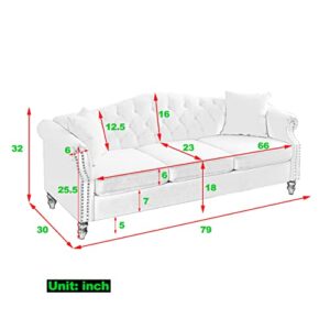 Chesterfield Upholstered Velvet Sofa, 3 Seater Button Tufted Couch with Nailhead Arms for Living Room Bedroom Office Apartment (Gray)