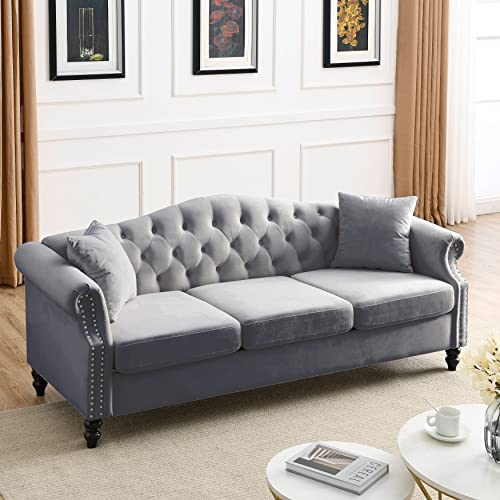 Chesterfield Upholstered Velvet Sofa, 3 Seater Button Tufted Couch with Nailhead Arms for Living Room Bedroom Office Apartment (Gray)