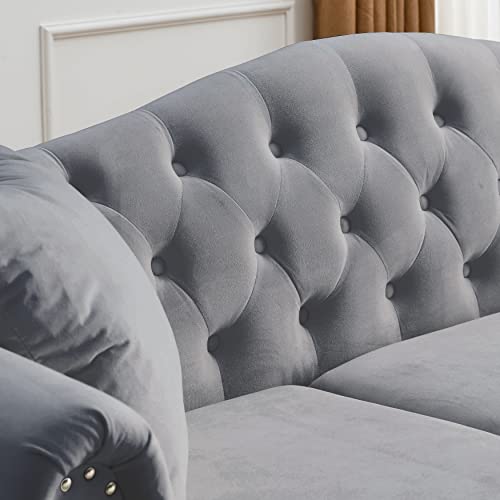 Chesterfield Upholstered Velvet Sofa, 3 Seater Button Tufted Couch with Nailhead Arms for Living Room Bedroom Office Apartment (Gray)