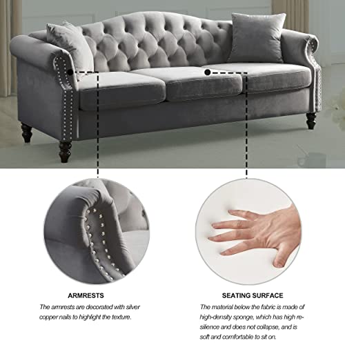 Chesterfield Upholstered Velvet Sofa, 3 Seater Button Tufted Couch with Nailhead Arms for Living Room Bedroom Office Apartment (Gray)