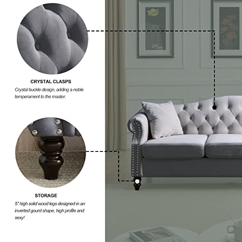 Chesterfield Upholstered Velvet Sofa, 3 Seater Button Tufted Couch with Nailhead Arms for Living Room Bedroom Office Apartment (Gray)