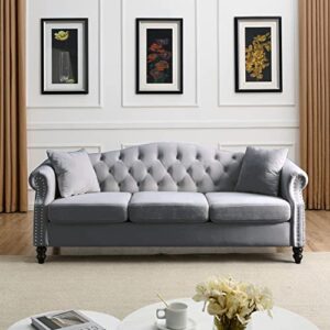 Chesterfield Upholstered Velvet Sofa, 3 Seater Button Tufted Couch with Nailhead Arms for Living Room Bedroom Office Apartment (Gray)