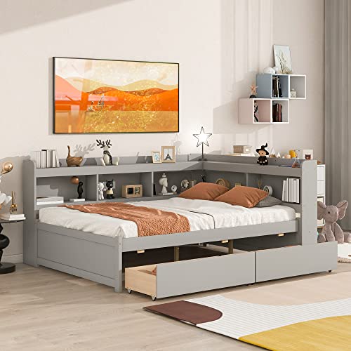 JIVOIT Full Size Captain Platform Bed with L-Shaped Bookcases and Two Storage Drawers, Solid Wood Platform Bed Frame with Wood Slats Support for Kids Teens Adults