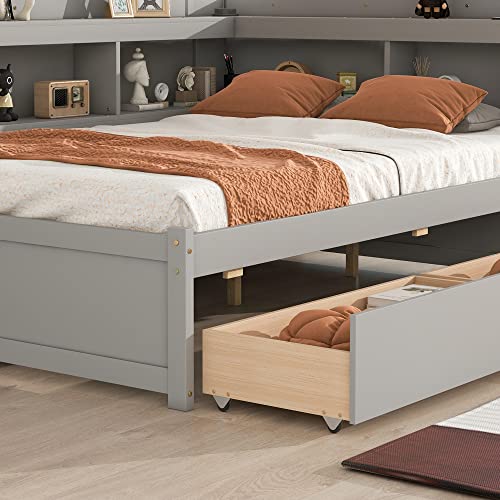 JIVOIT Full Size Captain Platform Bed with L-Shaped Bookcases and Two Storage Drawers, Solid Wood Platform Bed Frame with Wood Slats Support for Kids Teens Adults