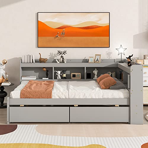 JIVOIT Full Size Captain Platform Bed with L-Shaped Bookcases and Two Storage Drawers, Solid Wood Platform Bed Frame with Wood Slats Support for Kids Teens Adults