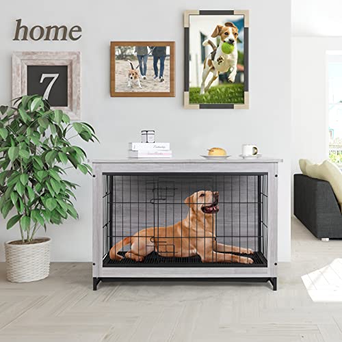 Arlopu 44.1/38.6/29.1 Large Dog Crate Furniture, Side End Table, Mordern Kennel, Wooden Heavy-Duty Dog Cage, Dog House, Indoor End Table, Night Stand,w/Removable Tray, Double-Door, 3mm(Dia) Wire