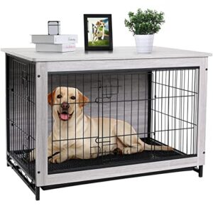 arlopu 44.1/38.6/29.1 large dog crate furniture, side end table, mordern kennel, wooden heavy-duty dog cage, dog house, indoor end table, night stand,w/removable tray, double-door, 3mm(dia) wire