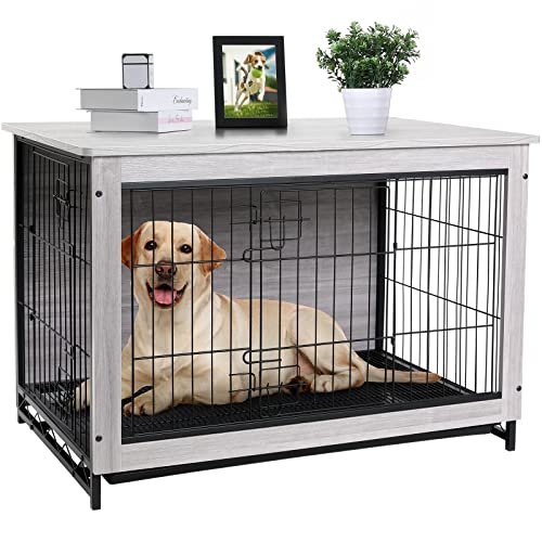 Arlopu 44.1/38.6/29.1 Large Dog Crate Furniture, Side End Table, Mordern Kennel, Wooden Heavy-Duty Dog Cage, Dog House, Indoor End Table, Night Stand,w/Removable Tray, Double-Door, 3mm(Dia) Wire