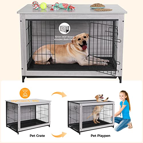 Arlopu 44.1/38.6/29.1 Large Dog Crate Furniture, Side End Table, Mordern Kennel, Wooden Heavy-Duty Dog Cage, Dog House, Indoor End Table, Night Stand,w/Removable Tray, Double-Door, 3mm(Dia) Wire