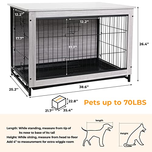 Arlopu 44.1/38.6/29.1 Large Dog Crate Furniture, Side End Table, Mordern Kennel, Wooden Heavy-Duty Dog Cage, Dog House, Indoor End Table, Night Stand,w/Removable Tray, Double-Door, 3mm(Dia) Wire