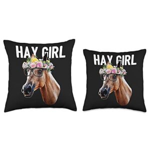 Horse Lovers Gift Cute Hay Girl Horse Floral Crown Rose Equestrian Farm Animal Throw Pillow, 18x18, Multicolor