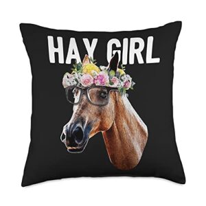 horse lovers gift cute hay girl horse floral crown rose equestrian farm animal throw pillow, 18x18, multicolor