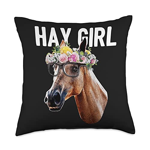 Horse Lovers Gift Cute Hay Girl Horse Floral Crown Rose Equestrian Farm Animal Throw Pillow, 18x18, Multicolor