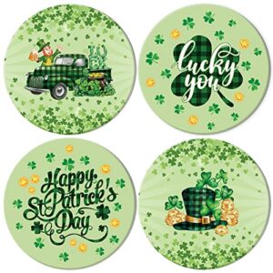 whaline st. patrick's day coaster 4pcs watercolor green lucky shamrock truck hat drink coaster irish ceramic coaster cup mat for mugs cups home kitchen party supplies, 4.1 x 4.1 x 0.3 inch