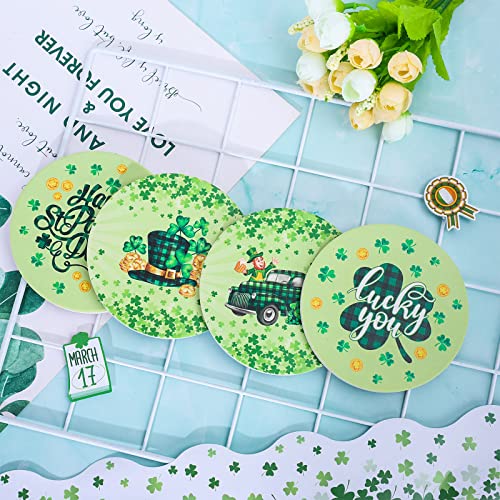 Whaline St. Patrick's Day Coaster 4Pcs Watercolor Green Lucky Shamrock Truck Hat Drink Coaster Irish Ceramic Coaster Cup Mat for Mugs Cups Home Kitchen Party Supplies, 4.1 x 4.1 x 0.3 Inch