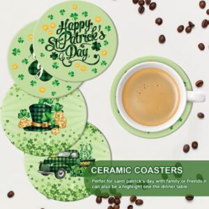 Whaline St. Patrick's Day Coaster 4Pcs Watercolor Green Lucky Shamrock Truck Hat Drink Coaster Irish Ceramic Coaster Cup Mat for Mugs Cups Home Kitchen Party Supplies, 4.1 x 4.1 x 0.3 Inch