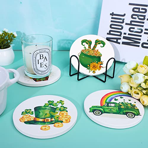 Whaline St. Patrick's Day Coaster 4Pcs Watercolor Irish Gnome Truck Rainbow Hat Leprechaun Leg Drink Coaster Irish Ceramic Coaster Cup Mat for Mugs Cups Home Kitchen Party Supplies