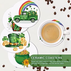 Whaline St. Patrick's Day Coaster 4Pcs Watercolor Irish Gnome Truck Rainbow Hat Leprechaun Leg Drink Coaster Irish Ceramic Coaster Cup Mat for Mugs Cups Home Kitchen Party Supplies