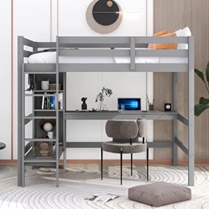 harper & bright designs full size loft bed with desk and storage shelves, solid wood full loft bed frame with sturdy slats for kids teens adults, easy to assemble (full, gray), grey