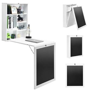 ifanny folding wall desk, wall mounted fold out desk with storage shelves & hooks, hideaway desk wall mount with chalkboard, floating corner desk for small spaces (white)