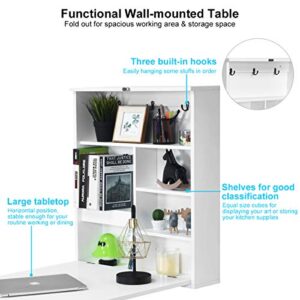 IFANNY Folding Wall Desk, Wall Mounted Fold Out Desk with Storage Shelves & Hooks, Hideaway Desk Wall Mount with Chalkboard, Floating Corner Desk for Small Spaces (White)