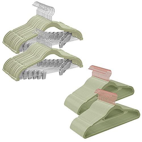 SONGMICS 30-Pack Pants Hangers and 50-Pack Clothes Hanger Bundle, Velvet Hangers with Adjustable Clips, Non-Slip, and Space-Saving, Pale Green UCRF012GR30 and UCRF021GR50