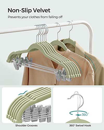 SONGMICS 30-Pack Pants Hangers and 50-Pack Clothes Hanger Bundle, Velvet Hangers with Adjustable Clips, Non-Slip, and Space-Saving, Pale Green UCRF012GR30 and UCRF021GR50