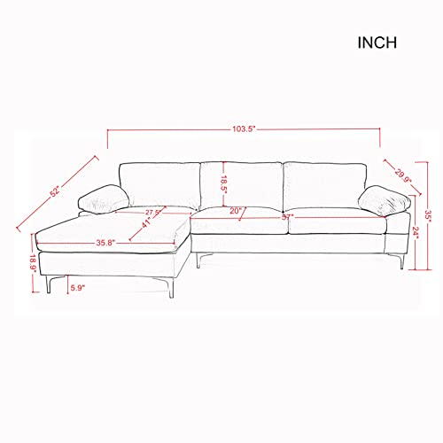 Lepfun Modern Velvet Fabric, L-Shape Couch with Extra Wide Chaise Lounge and Removable Cushions, Sectional Sofa for Living Room, Left Hand Facing,Up to 3 Seating Capacity,Black