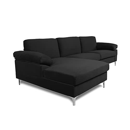 Lepfun Modern Velvet Fabric, L-Shape Couch with Extra Wide Chaise Lounge and Removable Cushions, Sectional Sofa for Living Room, Left Hand Facing,Up to 3 Seating Capacity,Black