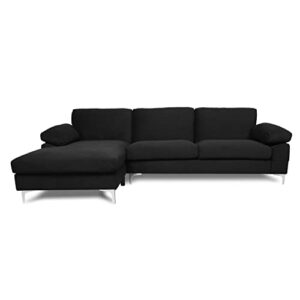 Lepfun Modern Velvet Fabric, L-Shape Couch with Extra Wide Chaise Lounge and Removable Cushions, Sectional Sofa for Living Room, Left Hand Facing,Up to 3 Seating Capacity,Black