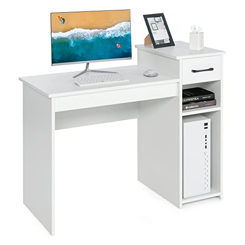 Giantex White Computer Desk, 40" Study Writing Desk with Drawers and Printer Shelves, Modern PC Laptop Workstation for Small Space Home Office