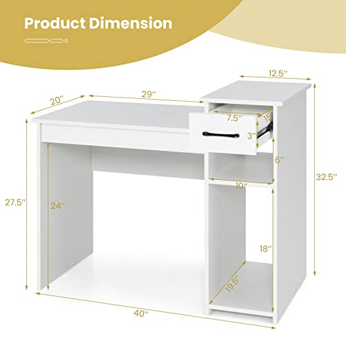 Giantex White Computer Desk, 40" Study Writing Desk with Drawers and Printer Shelves, Modern PC Laptop Workstation for Small Space Home Office