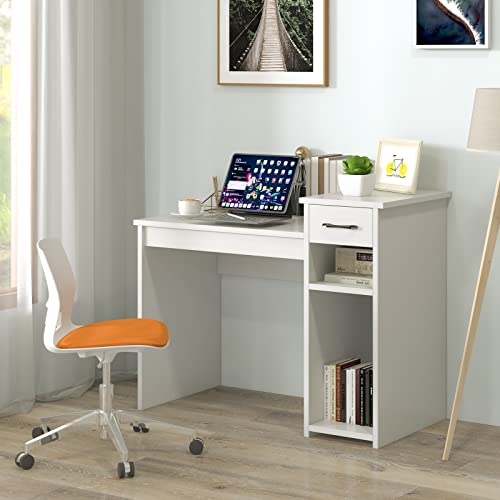 Giantex White Computer Desk, 40" Study Writing Desk with Drawers and Printer Shelves, Modern PC Laptop Workstation for Small Space Home Office