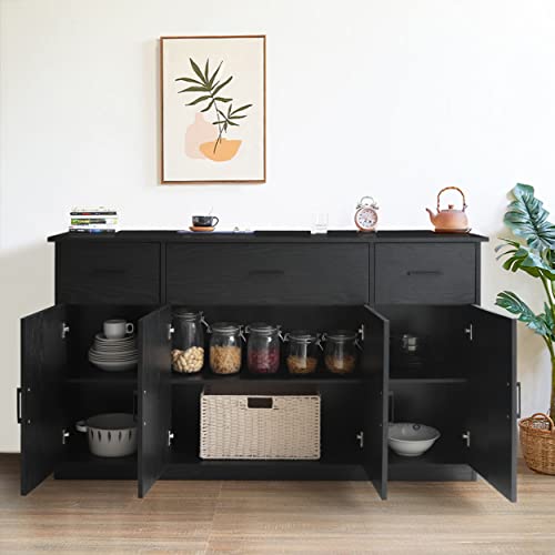 VEIKOU Sideboard Buffet Cabinet with Storage, Coffee Bar Cabinet w/56” Wide Countertop & Adjustable Shelves, Large Kitchen Buffet w/3 Drawers & 3 Cabinets, Black