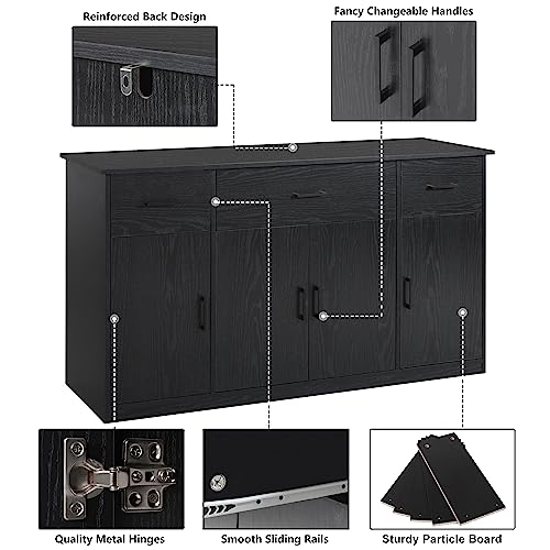 VEIKOU Sideboard Buffet Cabinet with Storage, Coffee Bar Cabinet w/56” Wide Countertop & Adjustable Shelves, Large Kitchen Buffet w/3 Drawers & 3 Cabinets, Black