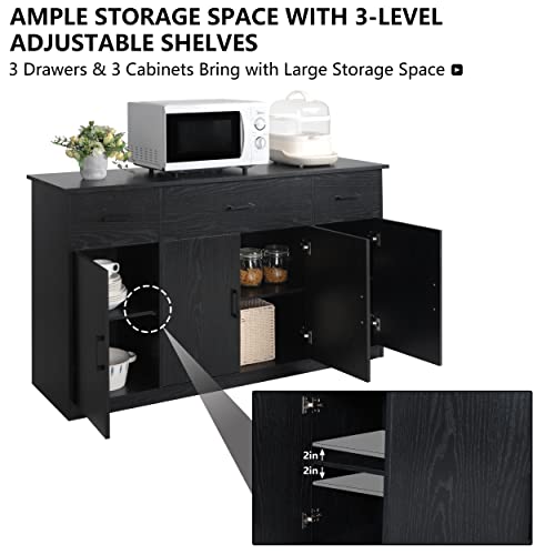 VEIKOU Sideboard Buffet Cabinet with Storage, Coffee Bar Cabinet w/56” Wide Countertop & Adjustable Shelves, Large Kitchen Buffet w/3 Drawers & 3 Cabinets, Black