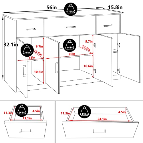 VEIKOU Sideboard Buffet Cabinet with Storage, Coffee Bar Cabinet w/56” Wide Countertop & Adjustable Shelves, Large Kitchen Buffet w/3 Drawers & 3 Cabinets, Black