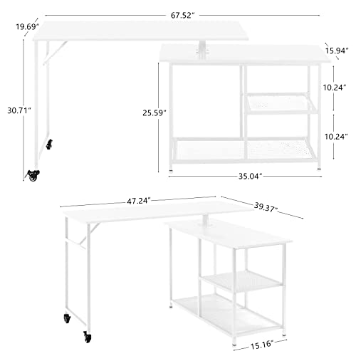 LTMEUTY 360°Free Rotating Desk - Modern Home 0ffice Desk, Reversible Computer Desk Study Writing Table Workstation, L-Shaped Corner Desk with Storage Shelves, Sofa Side Table, White