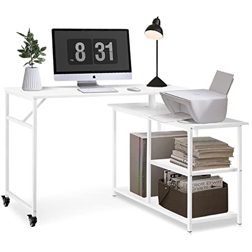 LTMEUTY 360°Free Rotating Desk - Modern Home 0ffice Desk, Reversible Computer Desk Study Writing Table Workstation, L-Shaped Corner Desk with Storage Shelves, Sofa Side Table, White