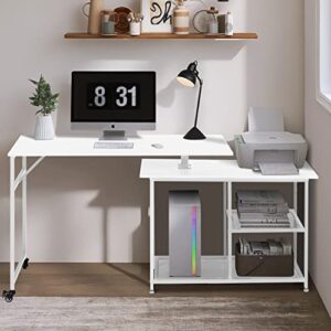 LTMEUTY 360°Free Rotating Desk - Modern Home 0ffice Desk, Reversible Computer Desk Study Writing Table Workstation, L-Shaped Corner Desk with Storage Shelves, Sofa Side Table, White