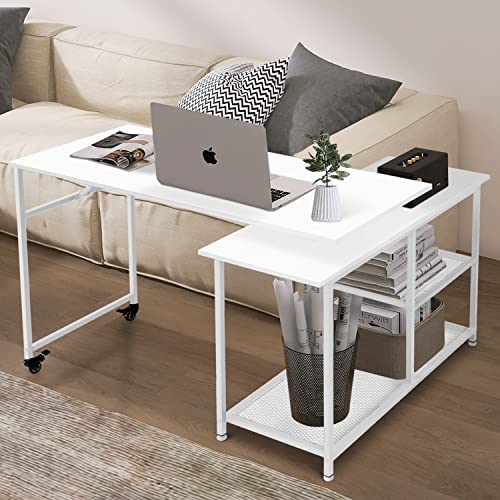 LTMEUTY 360°Free Rotating Desk - Modern Home 0ffice Desk, Reversible Computer Desk Study Writing Table Workstation, L-Shaped Corner Desk with Storage Shelves, Sofa Side Table, White