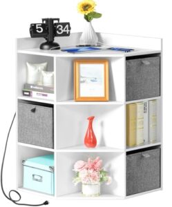 corner cabinet with fabric drawers, white corner cube storage cabinet with usb ports and outlets, 9 cubes corner bookcase, corner cube bookshelf for kids room, playroom, bedroom, living room