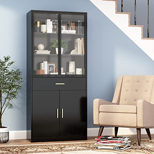 AIEGLE Kitchen Pantry Storage Cabinet with Glass Doors & Drawer, Freestanding Kitchen Pantry Cupboard, Utility Pantry Cabinet for Dining Room, Living Room, Black (31.5”W x 13.8”D x 70.9”H)